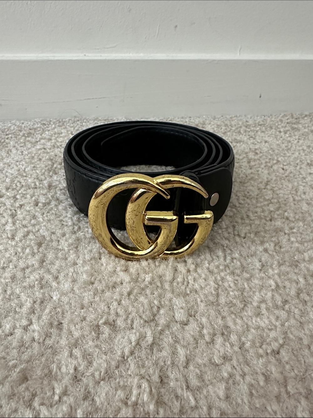 Black Leather Belt with Gold Interlocking GG Buckle